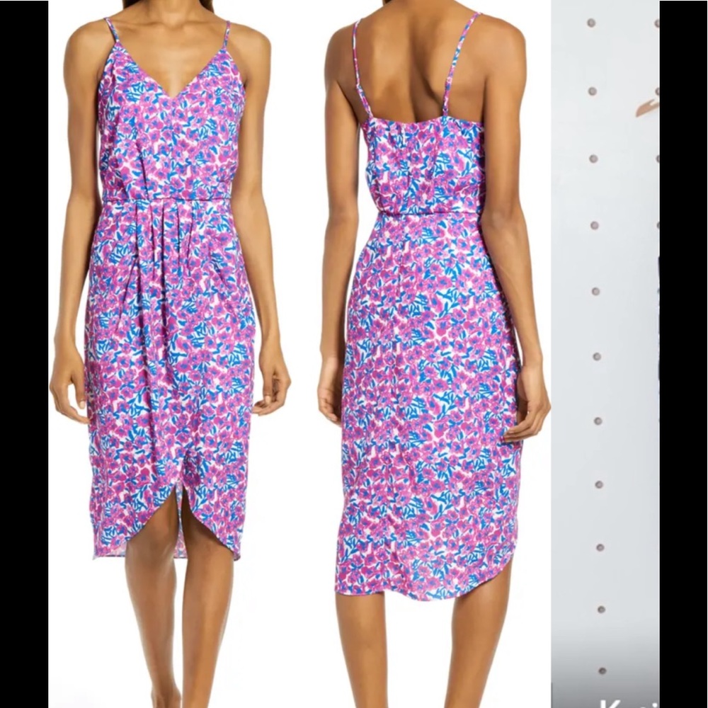 Sleeveless faux wrap dress.